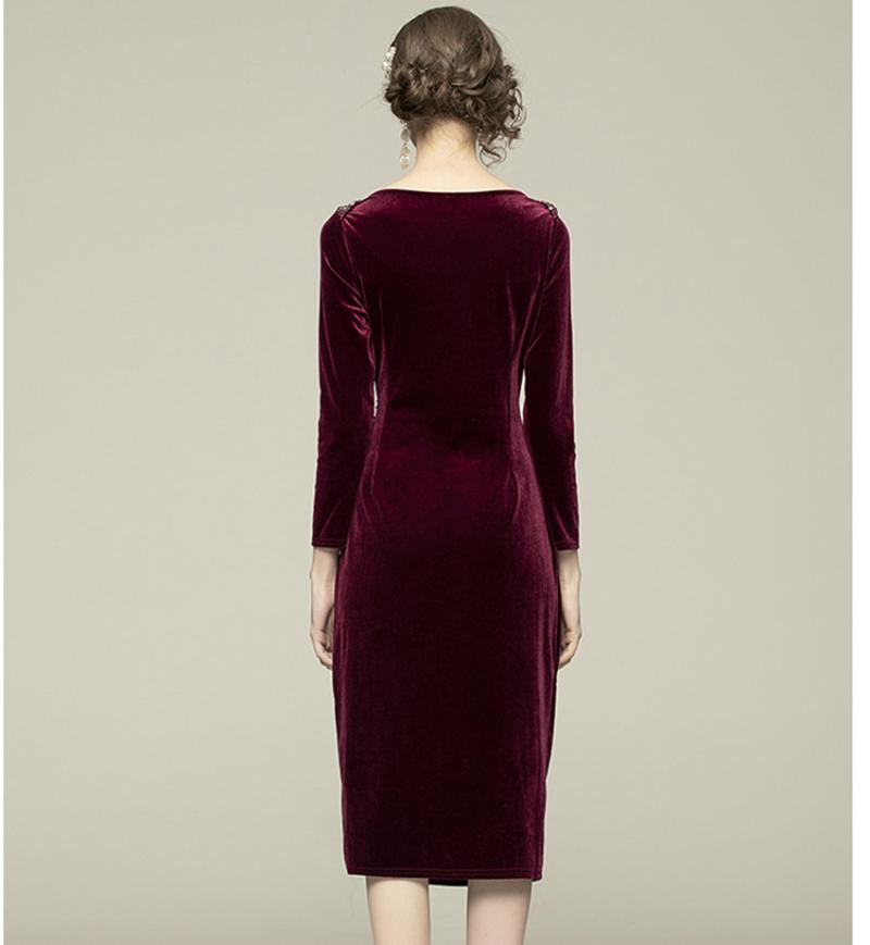 Casual Dresses JSXDHK High Quality Spring Women Sheath Party Dress Elegant Beading Diamonds Velvet O Neck Bodycon Split Knee Vestidos