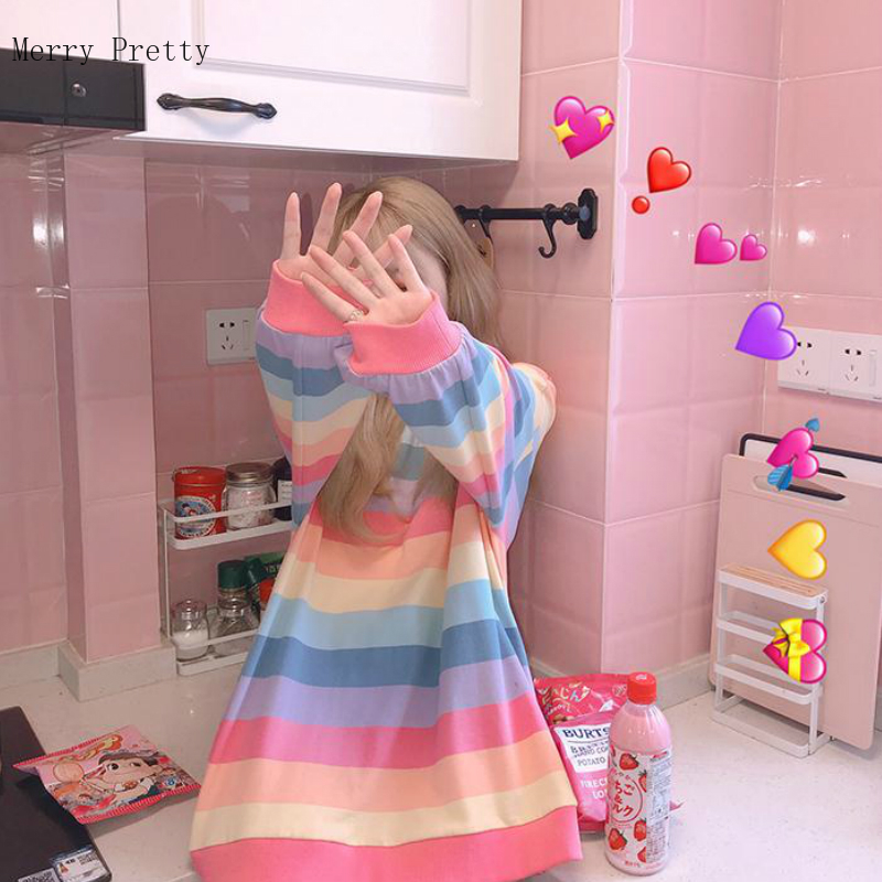 Pink Rainbow Striped Oversize 2xl T Shirts For Women Summer Long Sleeve O-neck T Shirt Korean Style Ladies Tops Tees 210302