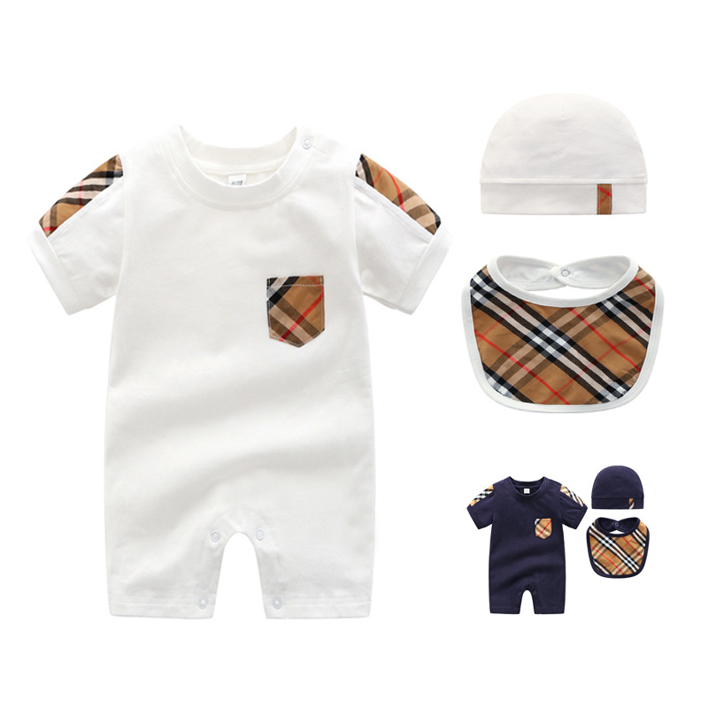 Summer fashion British style newborn baby clothes Unisex cotton Plaid new born baby boy girls rompers hat Bibs 3 set, Blue 
Summer fashion British style newborn baby clothes Unisex cotton Plaid new born baby boy girls rompers hat Bibs 3 set, Blue