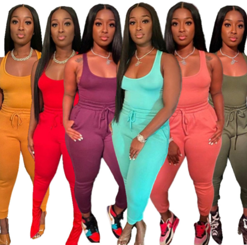 New Fall Clothes Women Outfits Summer Solid Tracksuits Sleeveless vest Shirt+pants Two Piece Set Casual Black Sportswear Outdoor Jogger Suit blue swea