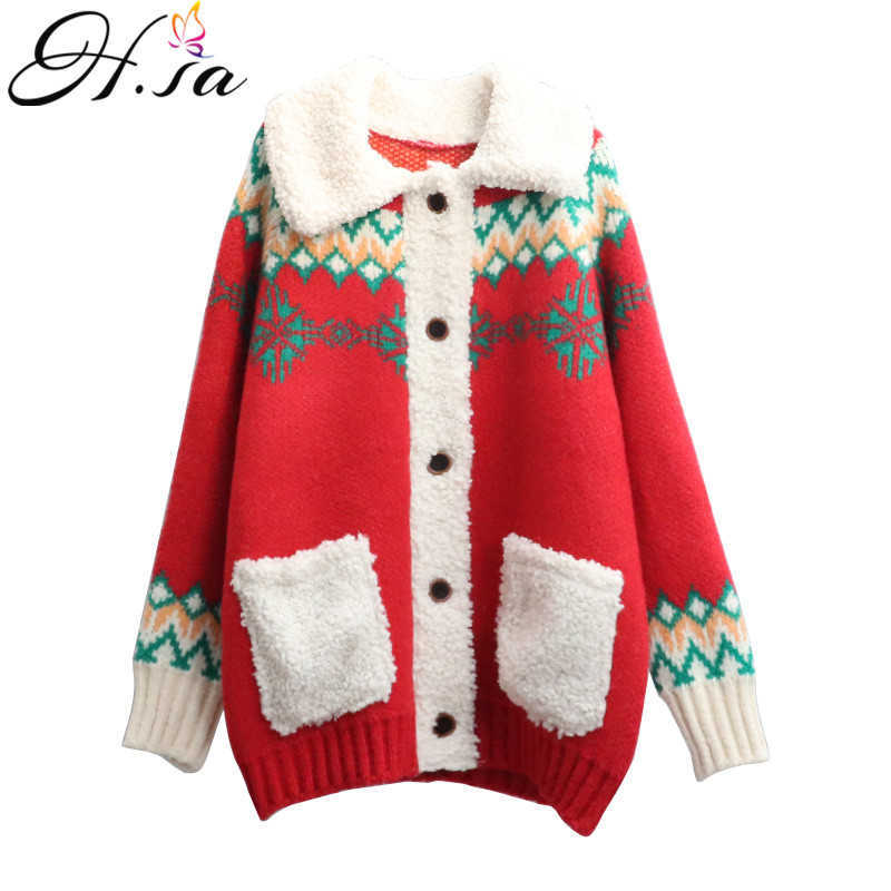 H.SA Women Fleeced Sweater and Cardigans Long Style Vintage Christmas Casual Tops Big Pocket Warm Geometric Knit Jacket 210716