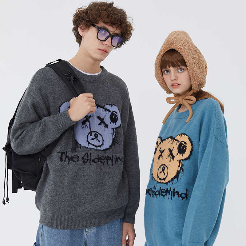 Men Hip Hop Streetwear Knitted Sweater Funny Bear Harajuku Sweater Jumper Casual Pullover Sweater Blue Autumn Spring 211008