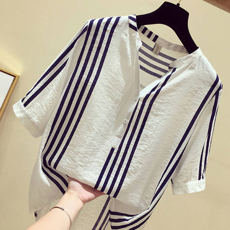 F&je New Summer Women Shirt Plus Size Short Sleeve Loose Casual V-neck Ladies Tops Vertical Striped Blouses Big Size S-5XL D19 210225