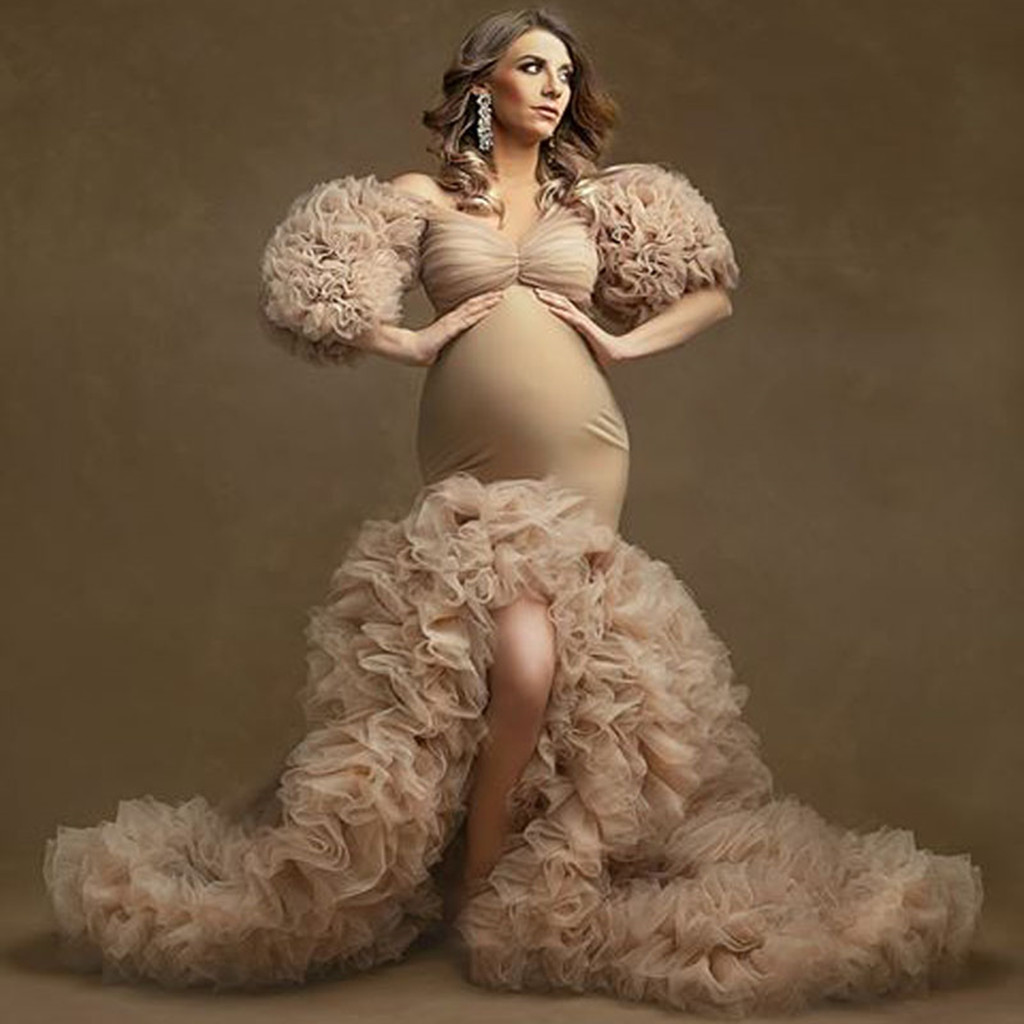 Gorgeous Trumpet Maternity Evening Dresses Ruffles Tulle Half Sleeves Mermaid Long Women Dress Photography Robes Baby Shower Gowns