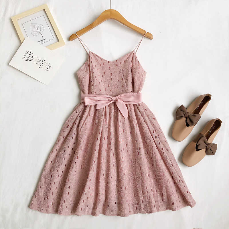 LY VAREY LIN Summer Women Sweet Suspender Dress V-neck Hollow Out Lace High Waist Short es Party A-line 210526