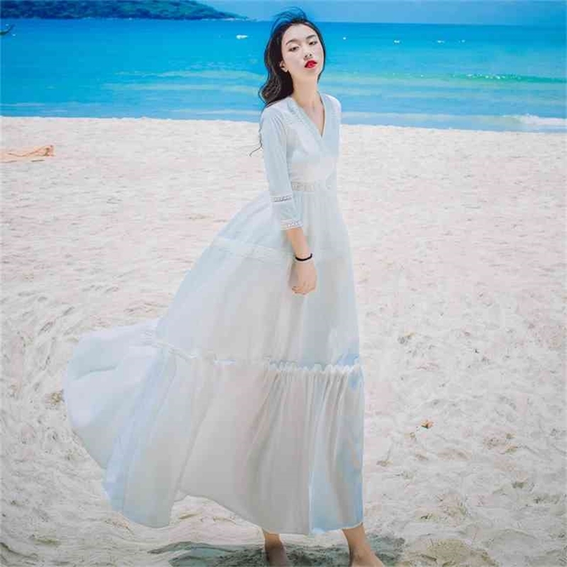 Summer Long Women Dress White Chiffon and Lace Elegant Bohemian V-neck Three Quarter Ankle-lenght Female 210603, Blue
Summer Long Women Dress White Chiffon and Lace Elegant Bohemian V-neck Three Quarter Ankle-lenght Female 210603, Blue