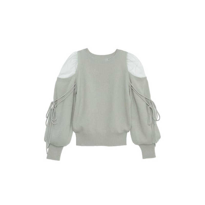 Kuzuwata Sexy Shoulder Strapless Drawstring Voile Patchwork Sweaters Autumn Chic Sweet Knitted Pullovers Japan Style O-neck Tops 211011Z