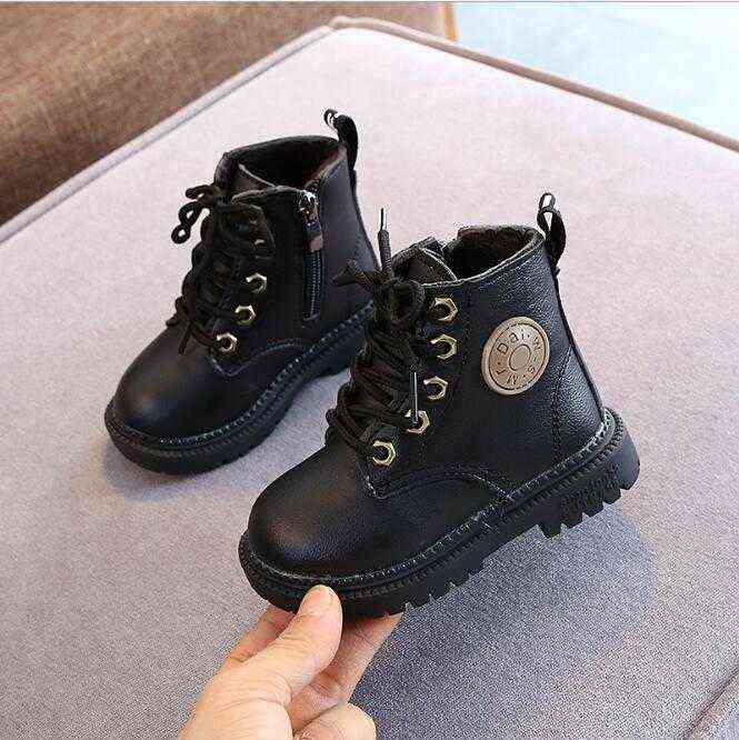 Autumn/Winter Children Boots Boys Girls Leather Martin Boots Plush Fashion Waterproof Non-slip Warm Kids Boots Shoes 21-36 211108