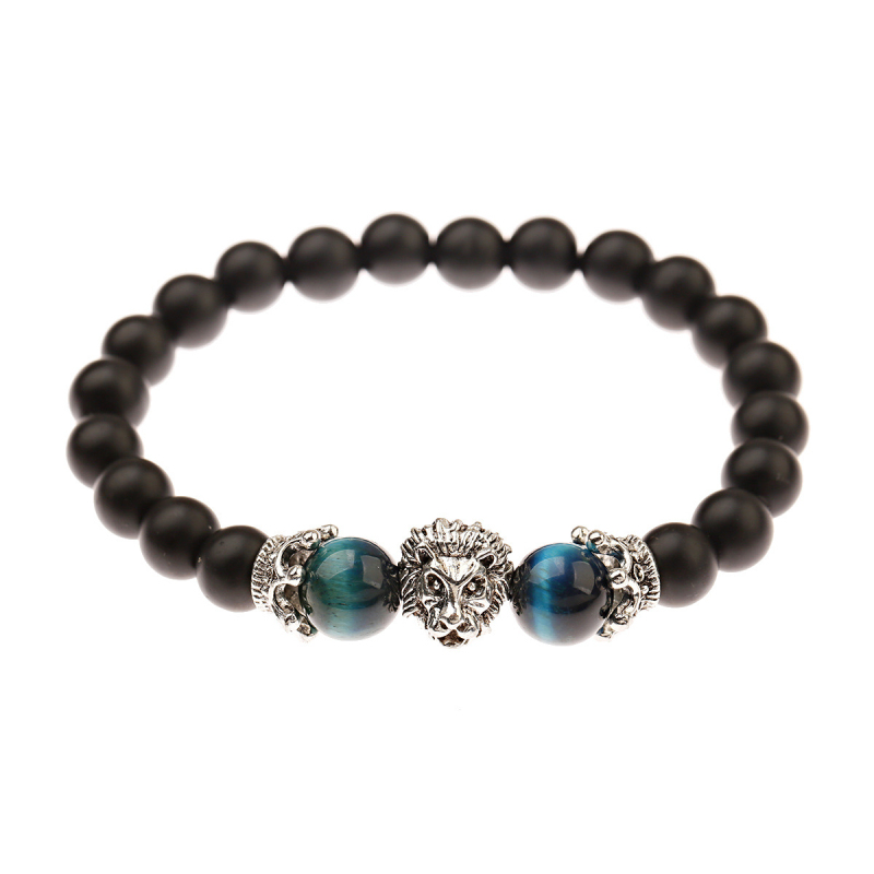 Blue Tiger Eye Beads Strands Bracelets Antique Gold Silver Plated Lion Head Charm Bracelet Jewelry