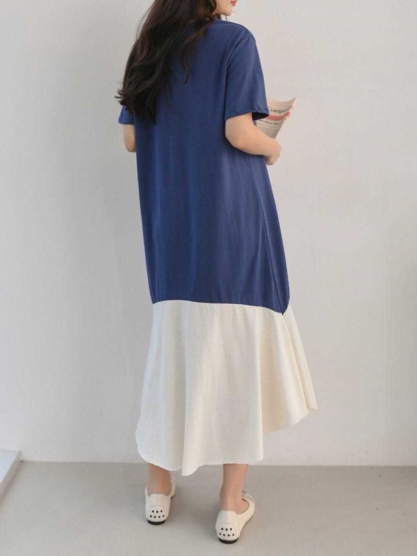 Qooth Casual T shirt Dres Shirt Summer Loose Short-Sleeved Split Female Patchwork Blue Maxi QT041 210609