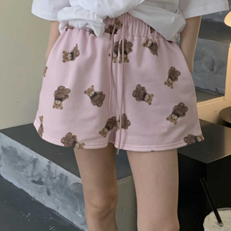 Korean Cartoon Bear Printed Shorts Women Lace Up Stretch High Waist Bottoms Summer Causal Wide Leg Short Feminimo 6G964 210603