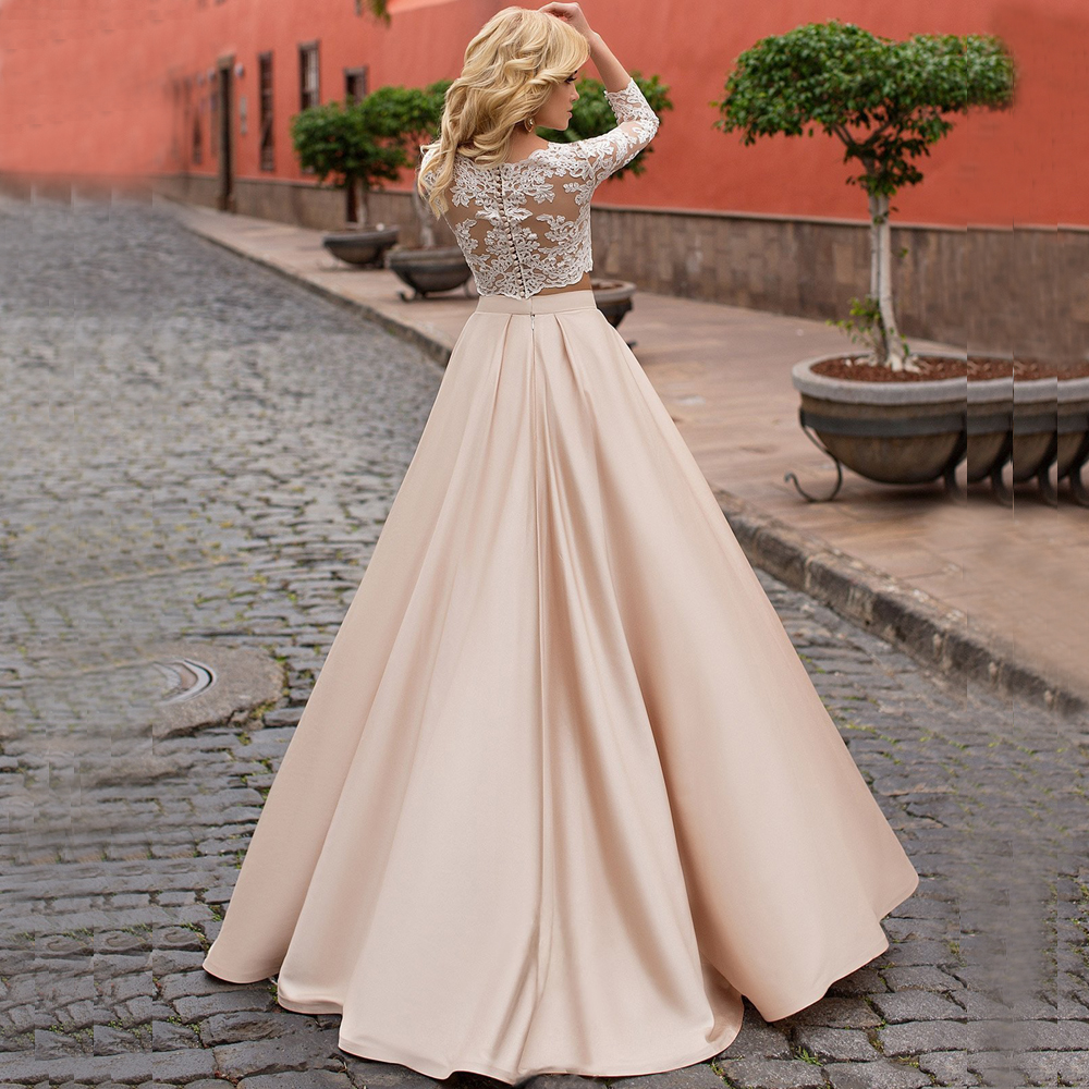 Two Piece Champagne Wedding Dresses A Line 2021 Lace Appliques Illusion Top 3/4 Long Sleeve Garden Country Wedding Dress Cheap Vestidos