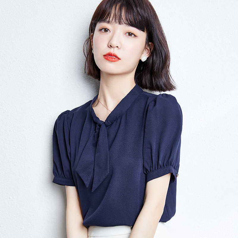 Korean Fashion Summer Chiffon Women Shirts White Short Sleeve Blouses Ladies Plus Size XXL Navy s Tops and 210531