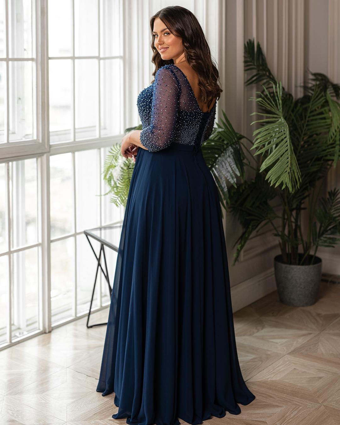 2021 Navy Beaded Plus Size Prom Dresses Bateau Neck A Line Long Sleeves Evening Gowns Floor Length Chiffon Formal Dress 0509