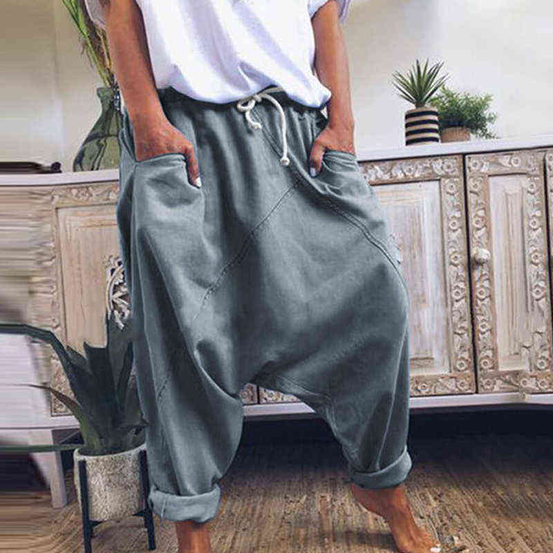 Women Harem Pants Trousers Boho Mid Waist Solid Check Baggy Wide Leg Casual s 211115