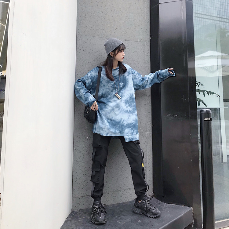 Harajuku Women shirt Streetwear Korean Style Loose Tie-dye hoodies Red Purple Blue O- neck Hip hop hoosies Femal Personality T200525