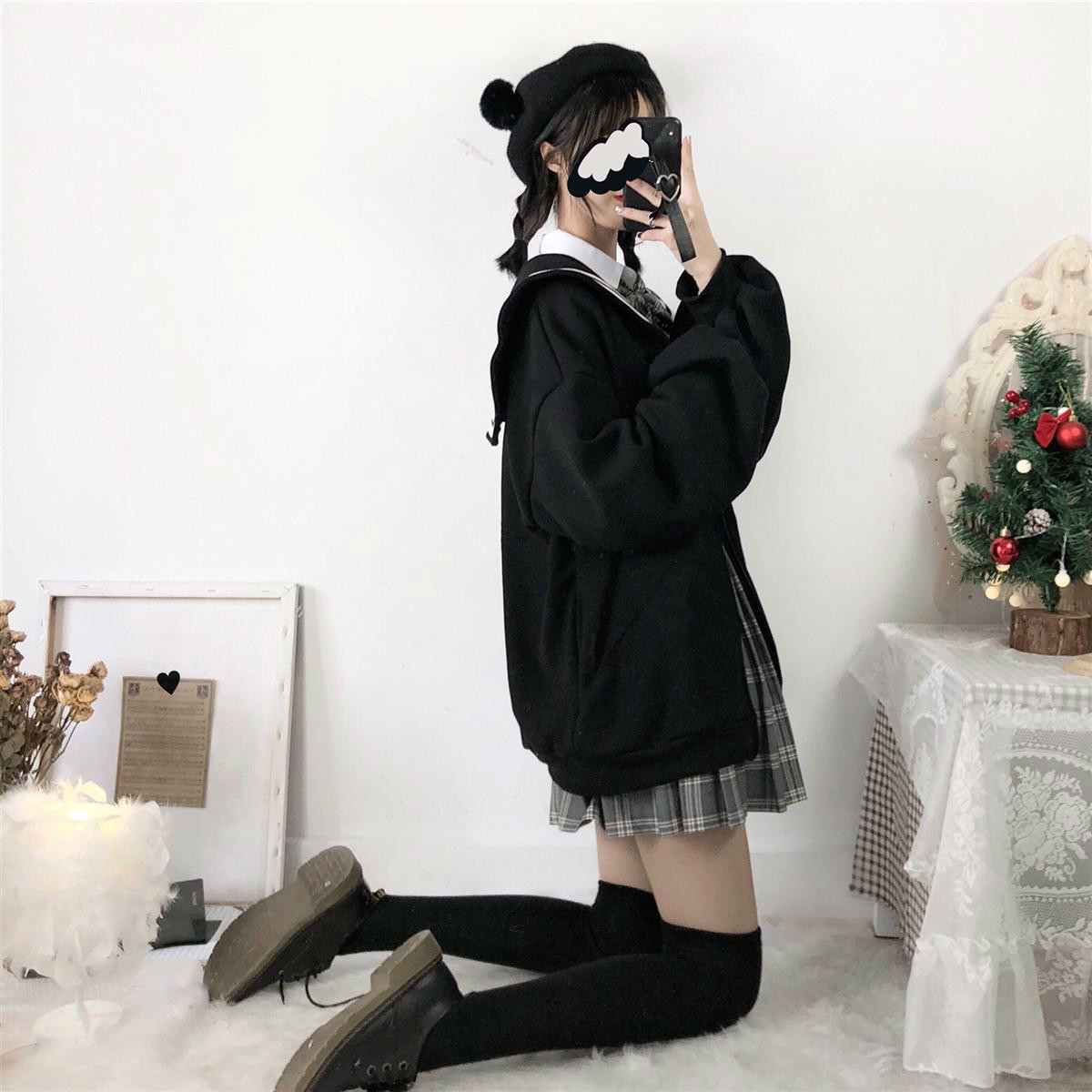 Neploe Striped Sailor Collar Zipper Sweatshirt Cardigan Coat Autumn Winter Fleece Thicken Women Jacket New Top Jumper 55820 201102