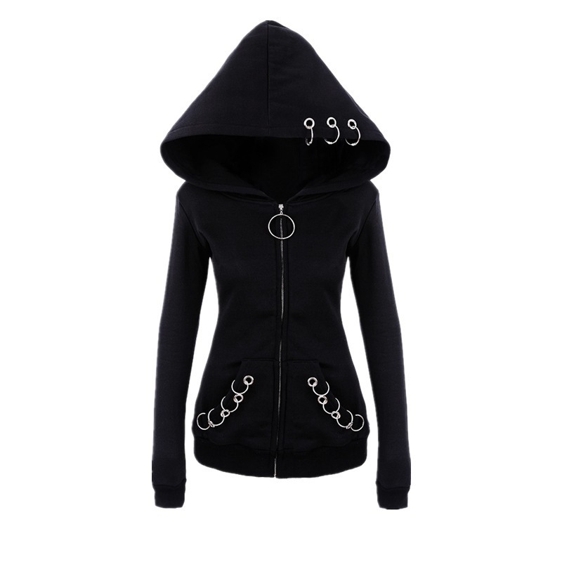Women Punk Hoodie Sweatshirt Autumn Long Sleeve Iron Ring Hooded Zipper Jackets Casual Plus Size Black Tops Female Clothes 201211
