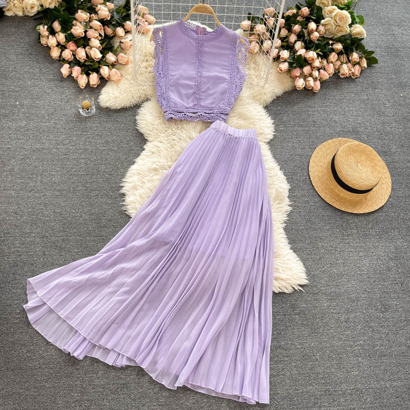Purple/Yellow/Red Lace Chiffon Two Piece Dress Women Vintage Beach Party Sleeveless Short Tops Pleated Long Skirt Female 2pcs Suit 2022