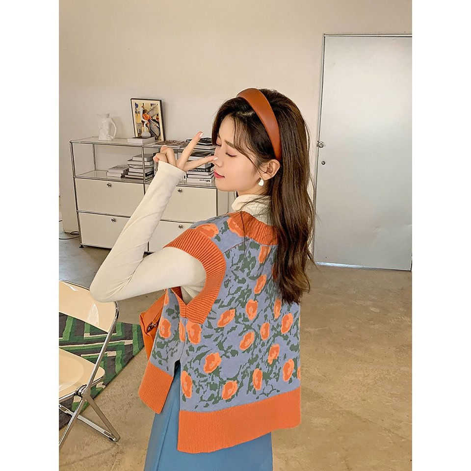 Spring Sweet Orange Sweater Flower Pattern Koean Style Vest V-Neck Knitting Top Sleeveless Jumper 210915