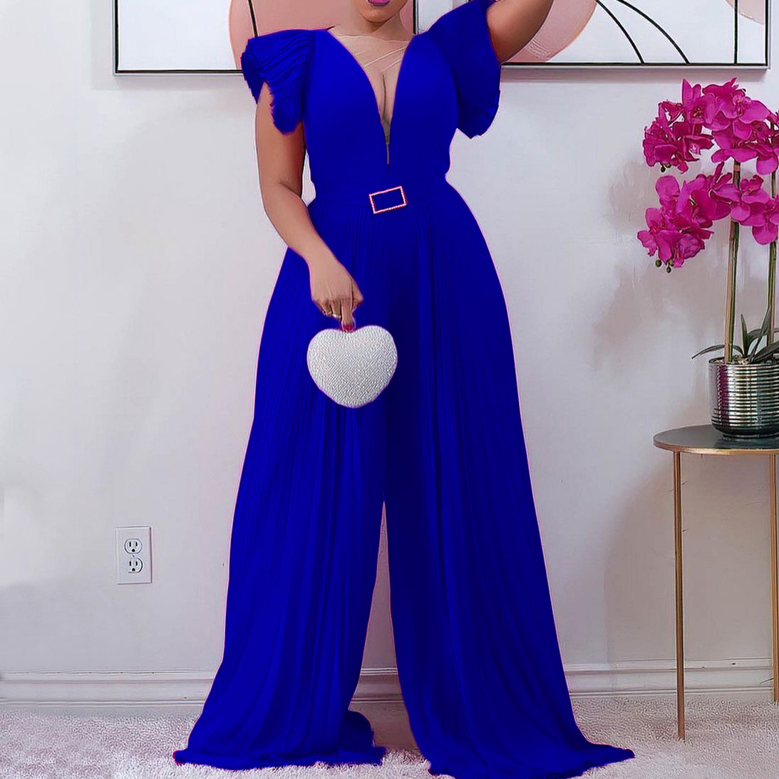 South African Jumpsuit Evening Dress 2022 Elegant Plus Size Stitching Pleated Wide Leg Prom Dresses Black Girls White Royal Blue Cocktail Party Pantsu