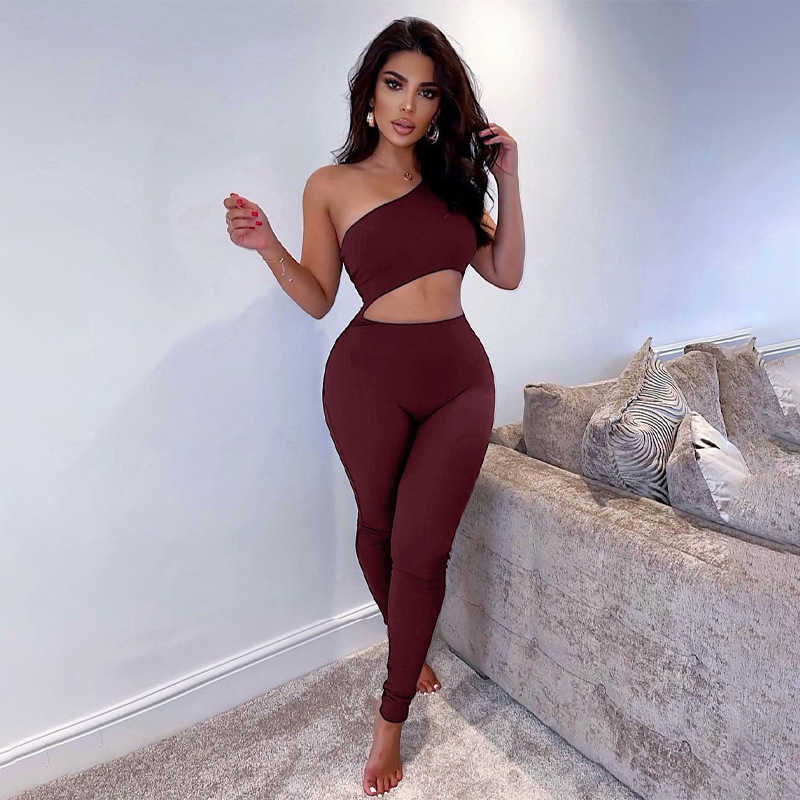 Sexy One Shoulder Bodycon Jumpsuit Women Casual Hollow Out Sporty Elastic Fitness Skinny Playsuit Fashion Streetwear Romper 210526