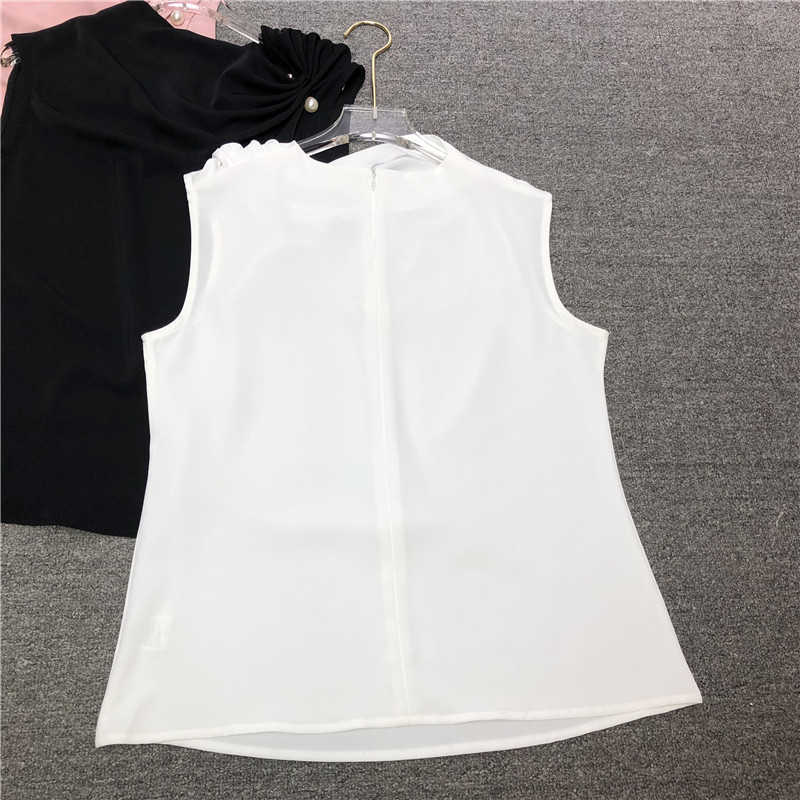 Elegant White Sleeveless Top Casual Solid Pearl Pleated Blouse Summer Women Fashion Office Lady Short Chiffon 210601