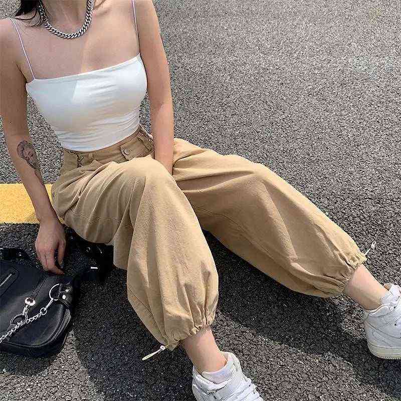 HOUZHOU Y2K Fashion Khaki Oversized Cargo Pants Hip Hop Style Loosed Adjustable Waist Drawstring Long Pant Streetwear 90s Autumn 211115