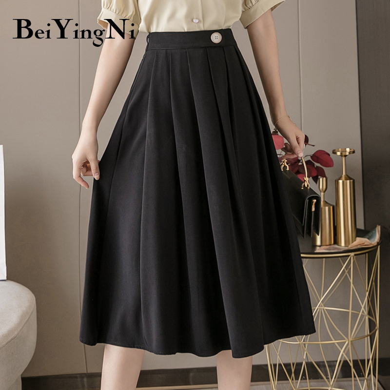Beiyingni Elegant Pleated Women Skirt Midi Solid Color Work Wear Vintage Fashion High Waist Skirts Casual Black Jupe Femme 210309