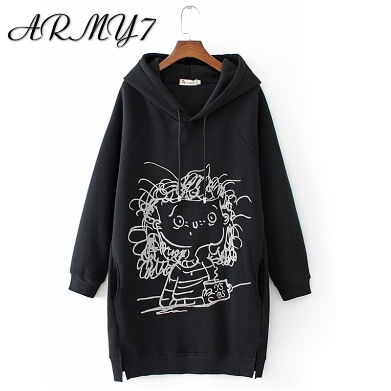 Oversize Sweatshirt Dress Fluffy Friends Hoodie Winter Ladies Women Cartoon Print Long Sleeve Hooded Hat Anime Tunic Black 4XL 201112