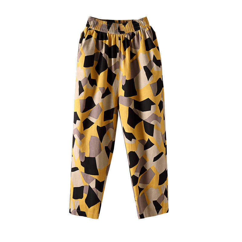 F&je Spring Summer Women Pants Plus Size Elastic Waist Geometric Cotton Linen Harem Pants Vintage print Loose Wide Leg Pants D44 211006