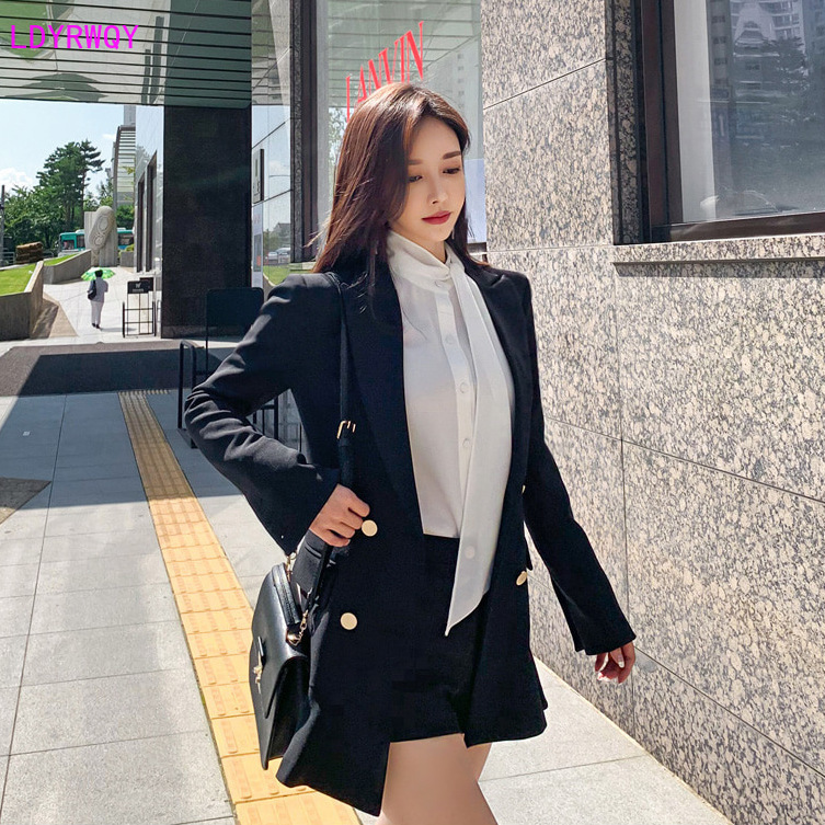 autumn and winter new Korean women's professional temperament suit collar doublebreasted Slim stitching ruffled dress 201008