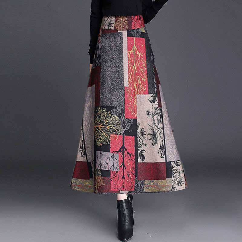 Autumn Winter A-line Long Skirts Womens Maxi Female High Waist Warm Wool Elegant Office Lady Printing Plaid 210619