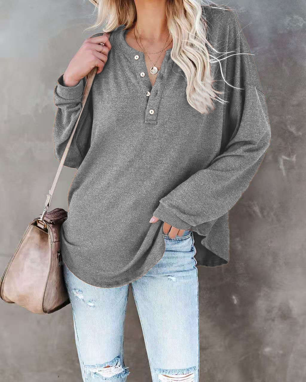 T-Shirt 2021 European and American spring solid color long-sleeved round neck pullover button top
