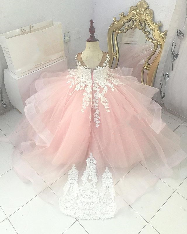 Pink Lace Flower Girl Dresses Sheer Neck Tiers Ball Gown Little Girl Wedding Dresses Cheap Communion Pageant Dresses Gowns ZJ737