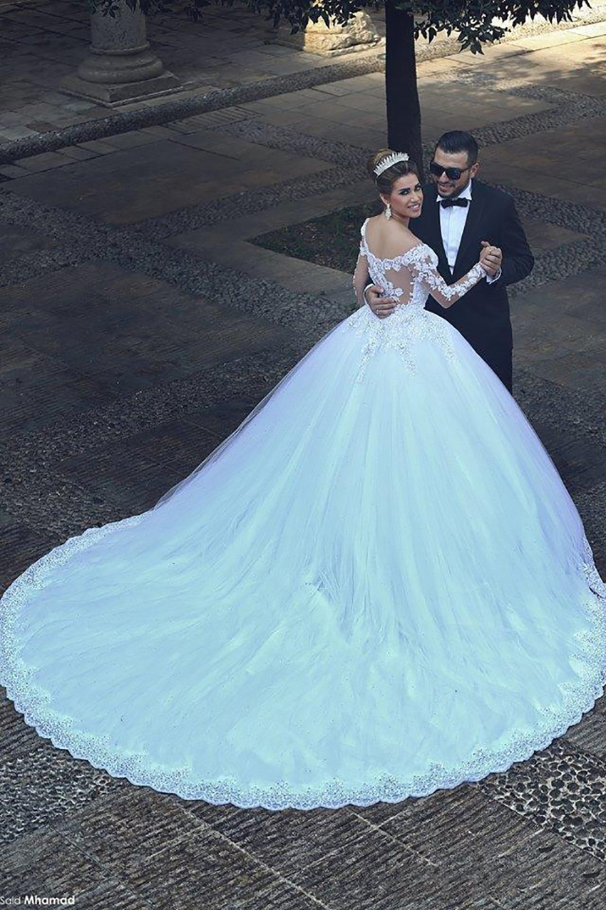 Ball Gown Lace Wedding Dresses 2021 Long Sleeve Transparent Winter Style Custom Princess Bridal Vestido De Novia High Quality Tulle 0509