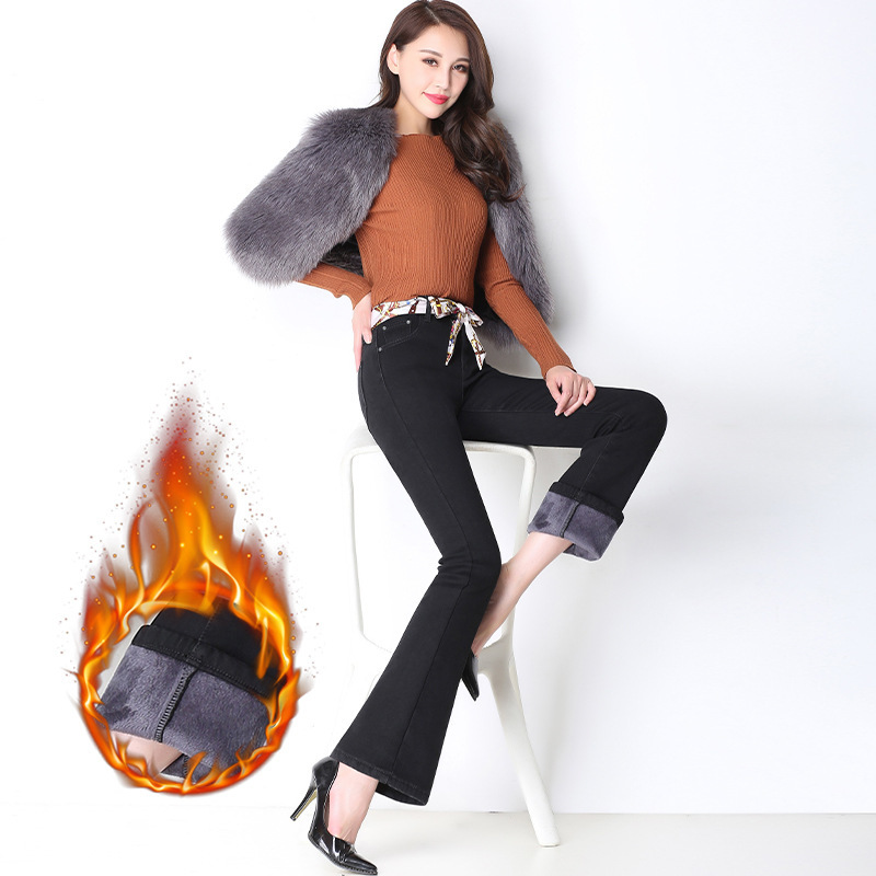 YUEY New XS to 5XL Women Thicken Winter Warm Jeans High Waist Plus Size Stretchy Washed Blue Skinny Flared Jeans With Hot Lining 210222