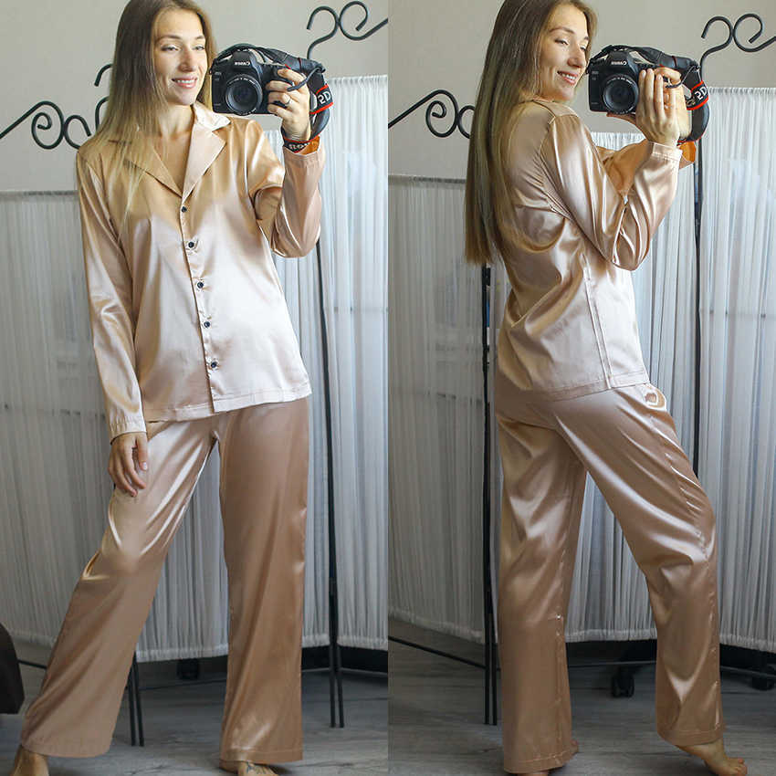 HECHAN Black Sleepwear Female Satin 2 Piece Set Solid Women Pajamas Loose Pants Casual Home Suit Sets Nightwear Winter Pocket 210924