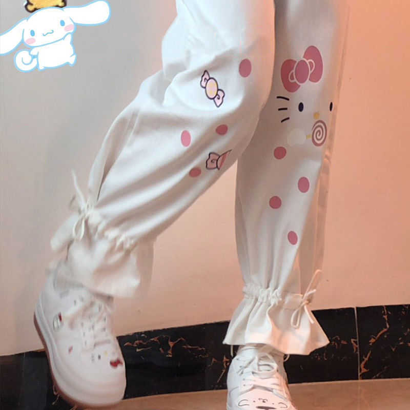 QWEEK Kawaii Cartoon Print White Wide Leg Pants Women Korean Fashion Cute Oversize Loose Trousers for Female Soft Girl Pink 211115
