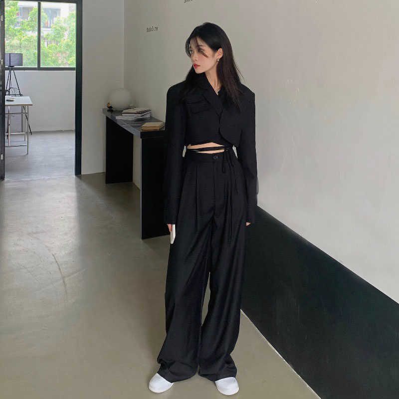 Fashion Casual Style Women Suit Autumn Black Street Suit Short Small Jacket Coat Sweet Elegant Lady Girl Pant Suit 211007