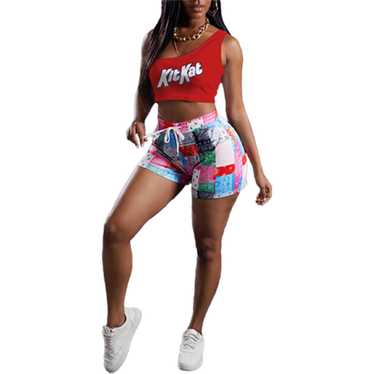 Women t shirt Summer Cartoon Printed Casual T-shirt Lady One Shoulder Top Sleeveless Vest Women's Tops & Tees