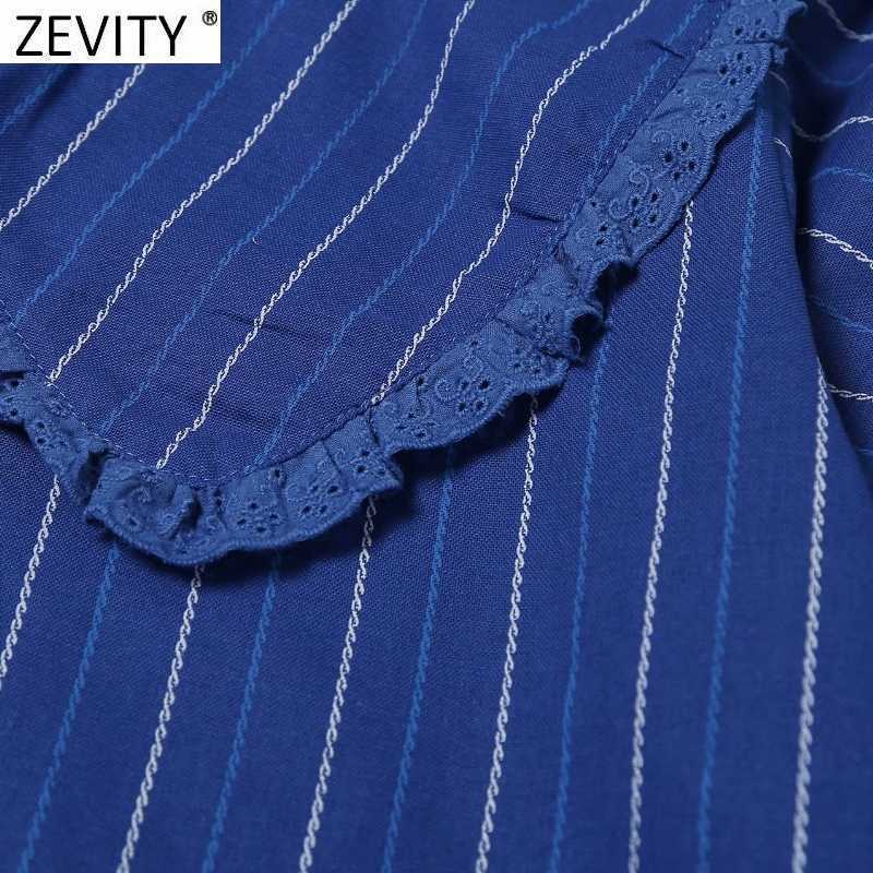 ZEVITY Women Vintage Striped Print Blouse Shirts Women Peter Pan Collar Lace Decoration Chic Office Femininas Blusas Tops LS9302 210603