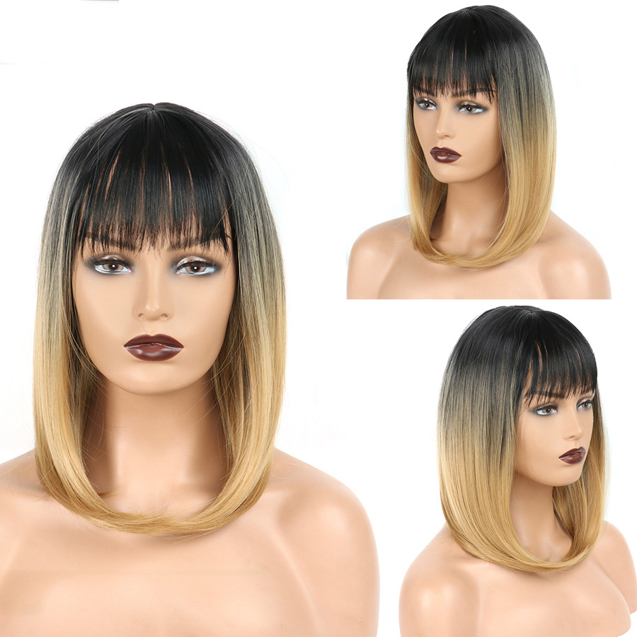 New Fashion trend Short Striaght BOB Ombre Blond Synthetic wig with Qi Bangs women's Hair wigs for life Cosplay