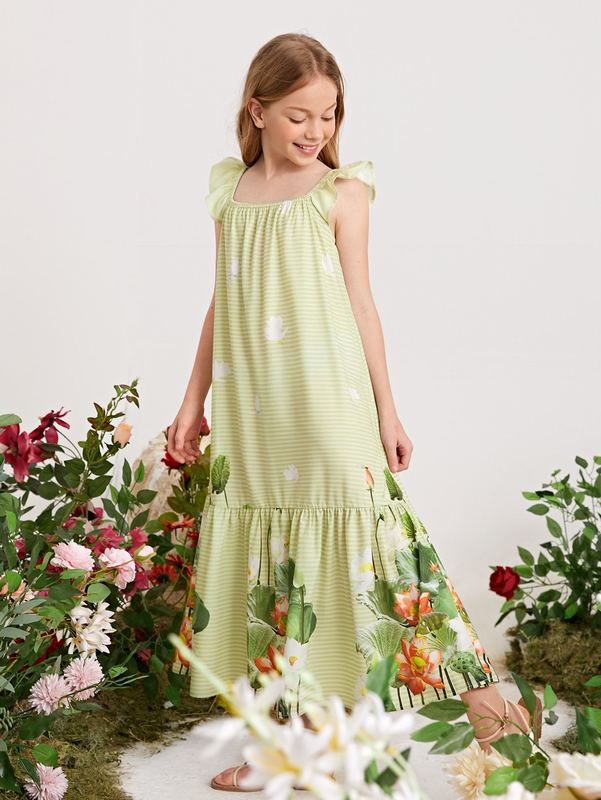 Girls Floral Armhole Ruffle Hem Floral & Striped Smock Dress SHE