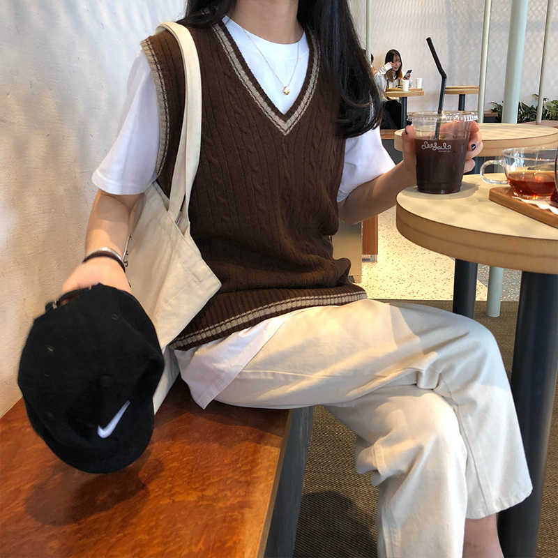 3 colors autumn and winter preppy style v neck knitted sleeveless vest sweaters womens pullovers womens (X973) 210918