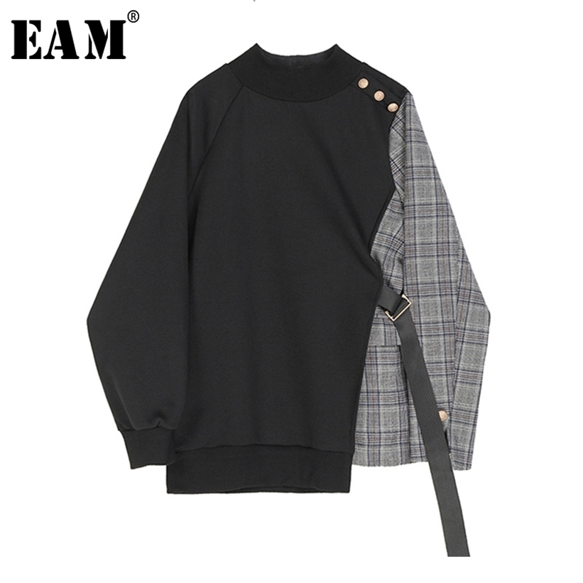 [EAM] Loose Fit Black Plaid Asymmetrical Sweatshirt New Round Neck Long Sleeve Women Big Size Fashion Tide Spring 1S382 201211