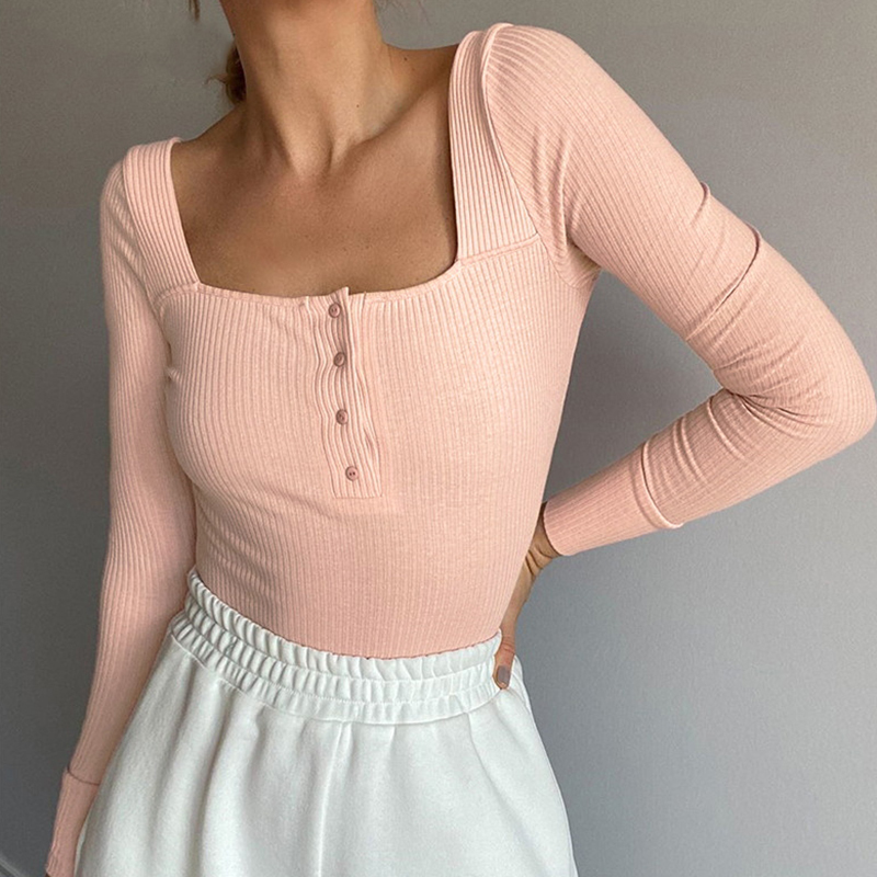 Solid Ribeed Knitted Square Collar Long Sleeve Thong Bodysuit Women Bodycon Sexy Basic Bodysuit Ladies Mujer Fall Winter 201007