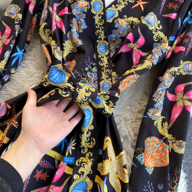 DEAT Spring Autumn Arrivals Print V-neck Long Sleeve Vintage Fashion Temperament Style A-line Midi-long Dress MZ479 210709