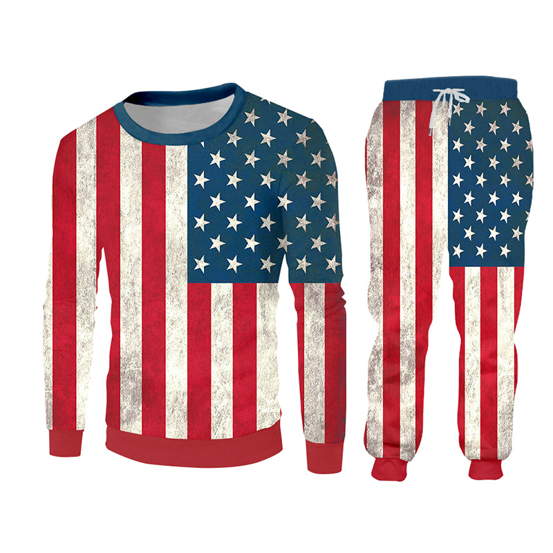 UJWI Novelty Harajuku 3d American Flag Suit Stars Stripes Print Pants And ZIP hoodie 2 Piece Set Men/women Jogger 201210