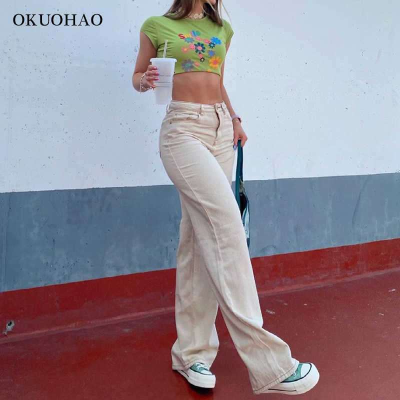 Straight Leg Beige Jean Pants Women Fashion Wide Mom Y2K Pant Summer Classic Streetwear Baggy Trousers High Waist Loose 210922
